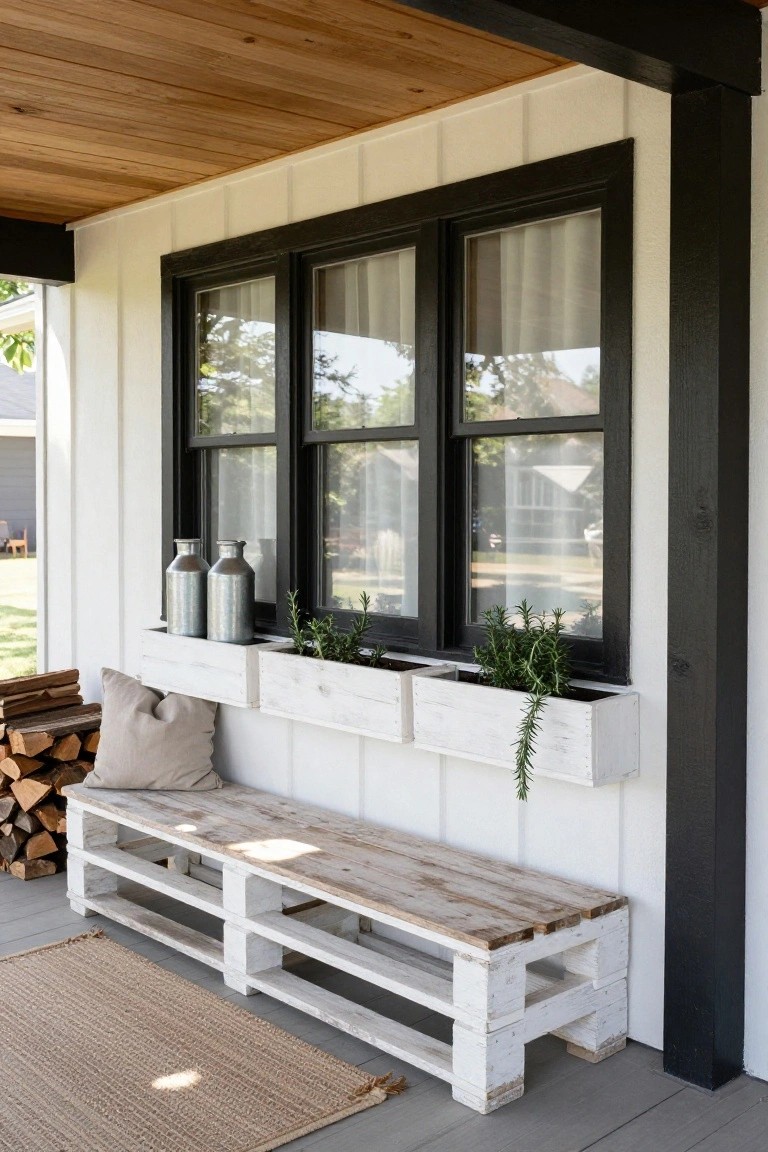 White pallet bench with pillow under herb-filled planters beside black-framed windows