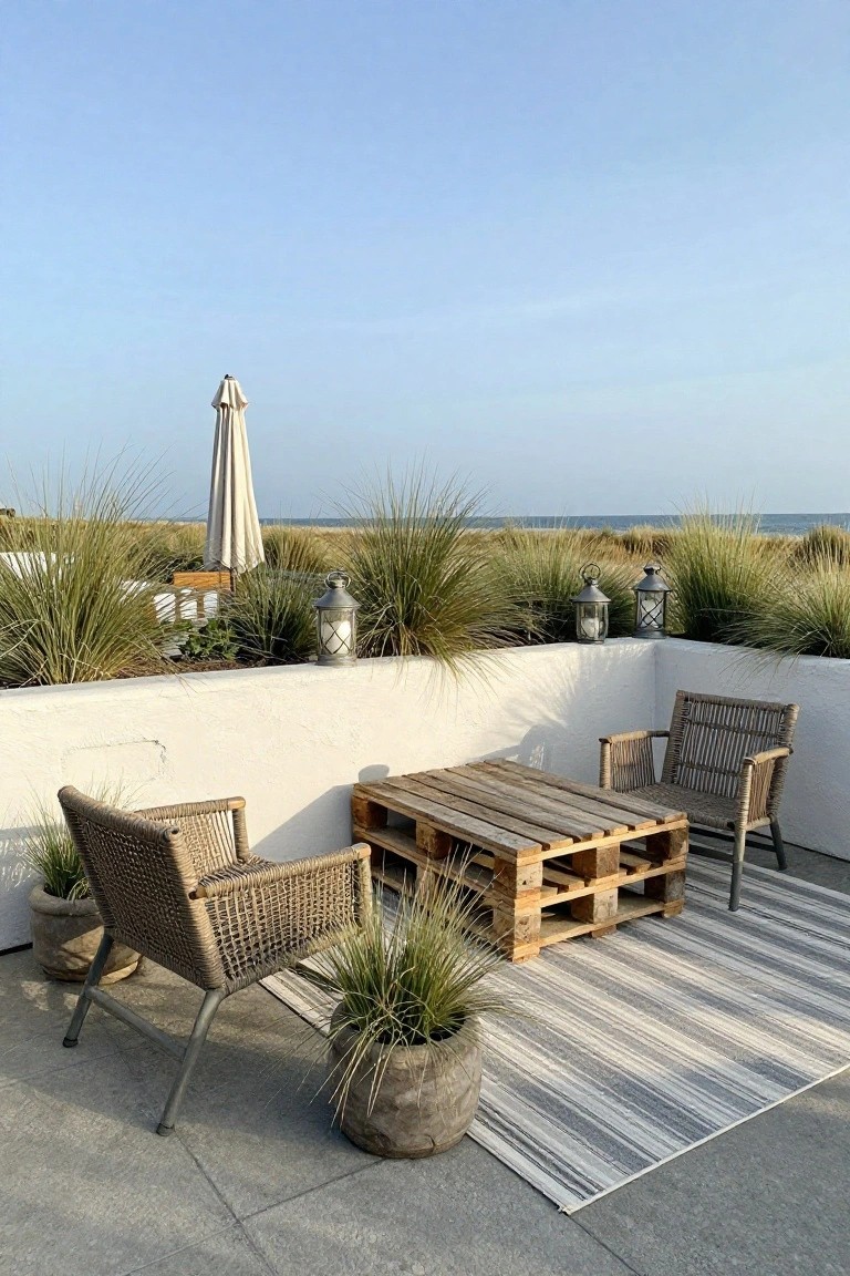 Patio with pallet table, woven chairs, striped rug, overlooking ocean dunes
