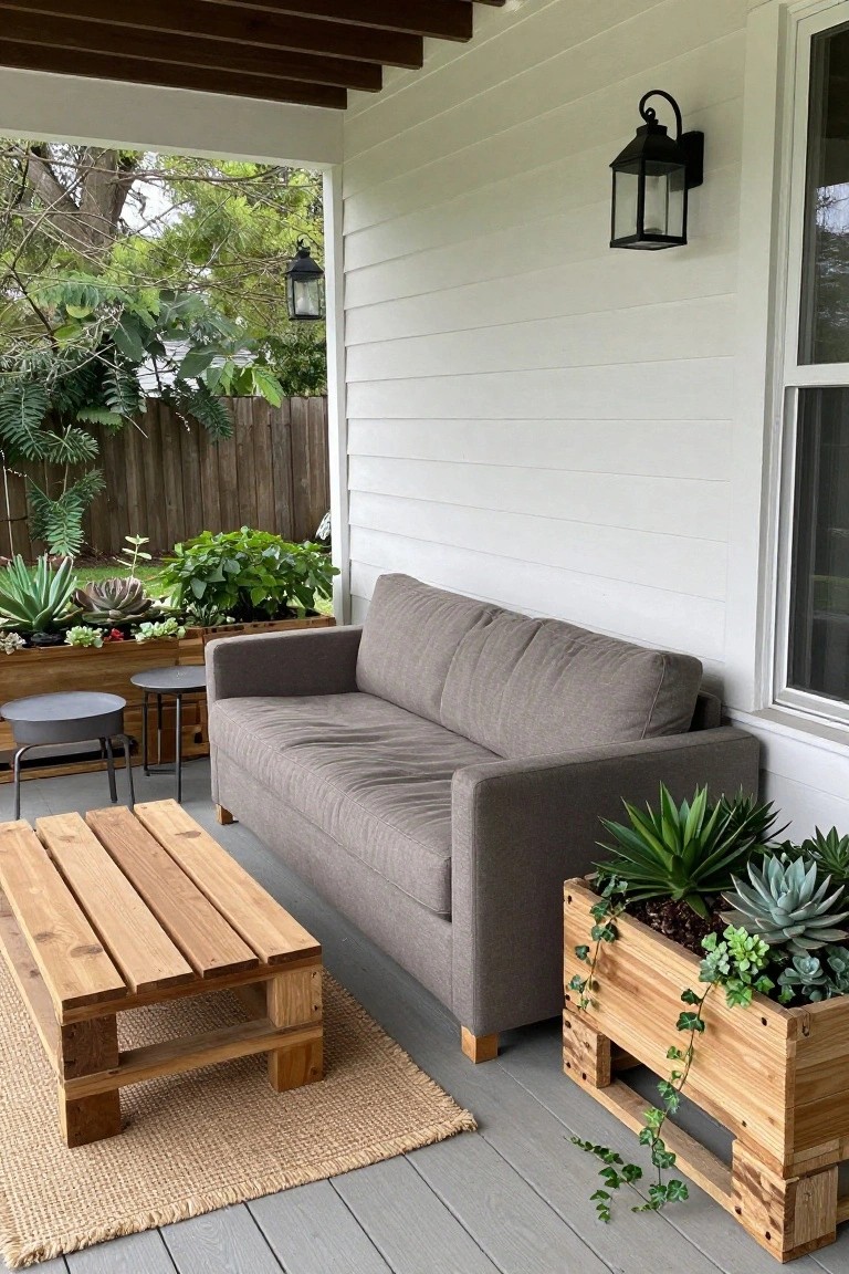 A porch scene with a gray sofa, wooden pallet planter holding succulents, wooden coffee table on a rug, and white siding wall.