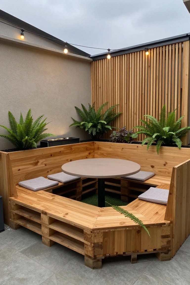 An L-shaped outdoor seating area made from wooden pallets with gray cushions, surrounding a round table, and raised pallet boxes filled with ferns along the walls.