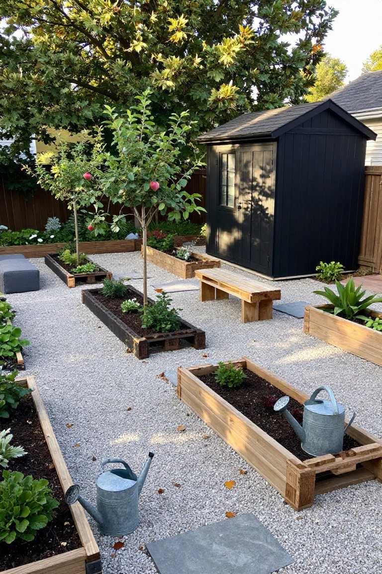 Backyard garden with several raised planter boxes built from wooden pallets set on gravel, including trees, a black shed, and metal watering cans.