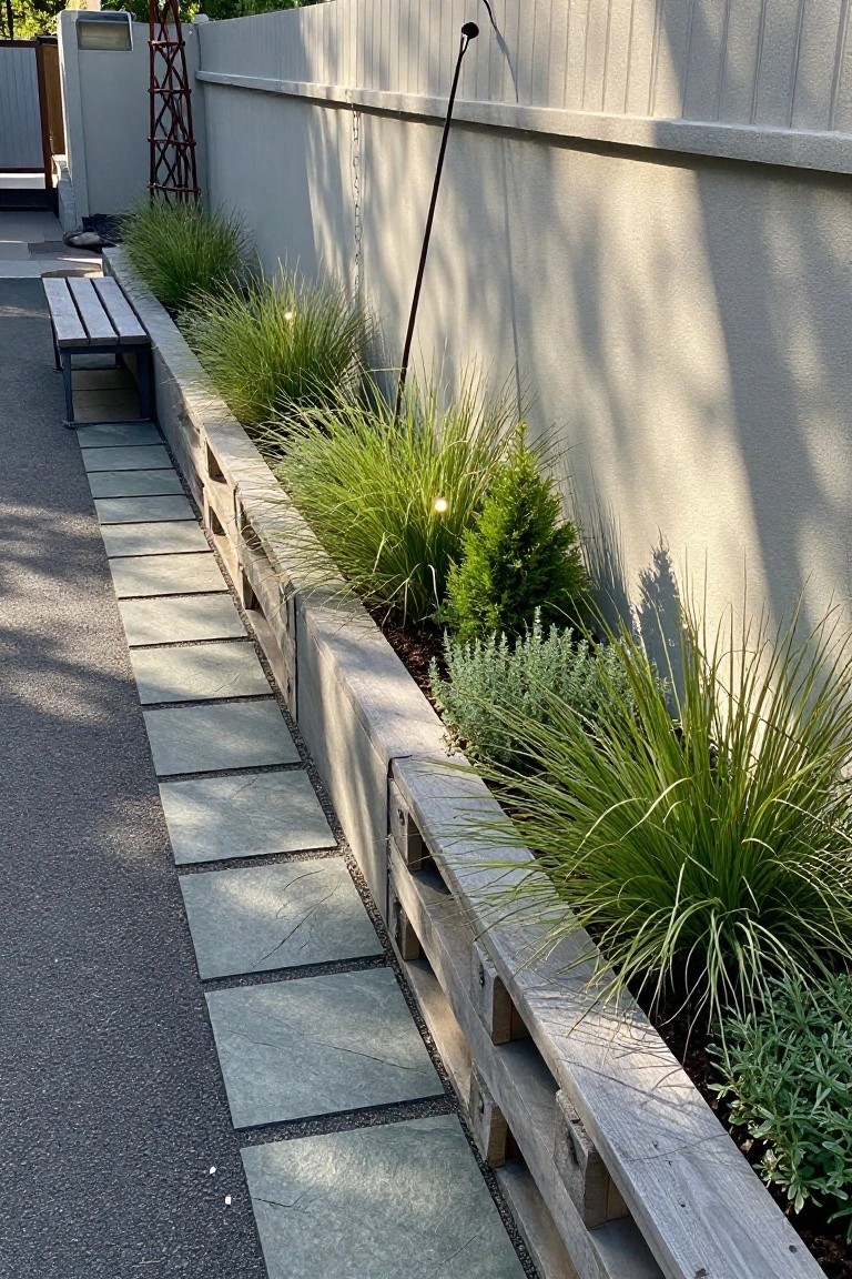 A narrow raised garden bed constructed from horizontal wooden pallet planks runs along a concrete wall, filled with tall grasses and low shrubs beside a stone pathway.
