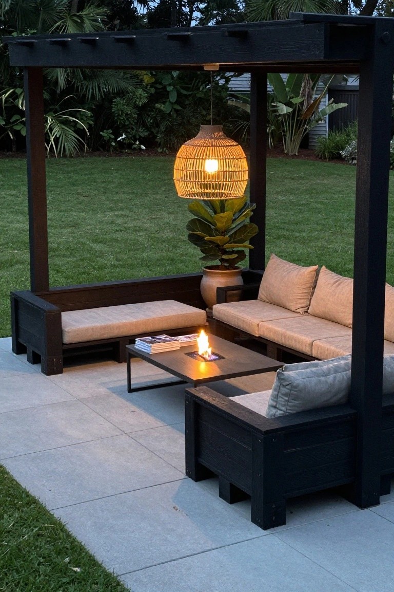 An outdoor patio under a dark wood pergola features a sectional sofa, a fire pit coffee table, and a large potted fiddle leaf fig plant beside the seating.