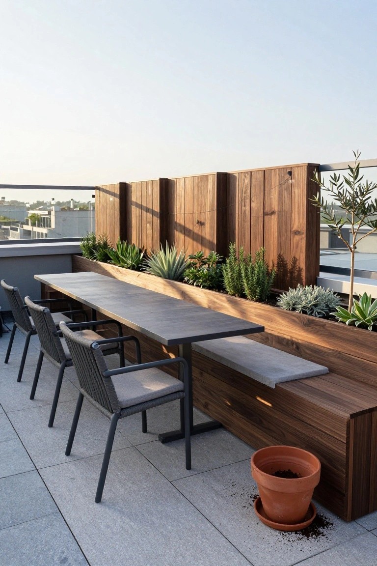 Rooftop patio with long dining table, woven chairs, wooden planters, and clay pot.