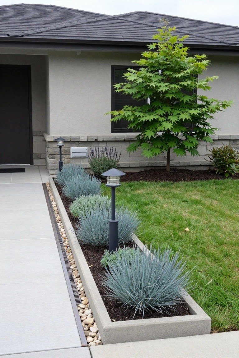 Landscaped garden bed with young tree, blue grasses, lavender, and solar lights