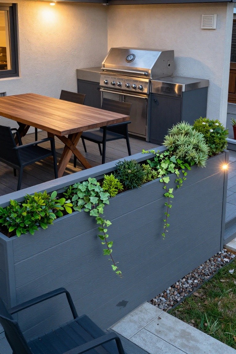 A long gray wooden planter box with green shrubs and trailing vines runs along the edge of a wooden deck patio next to a dining table and outdoor grill.