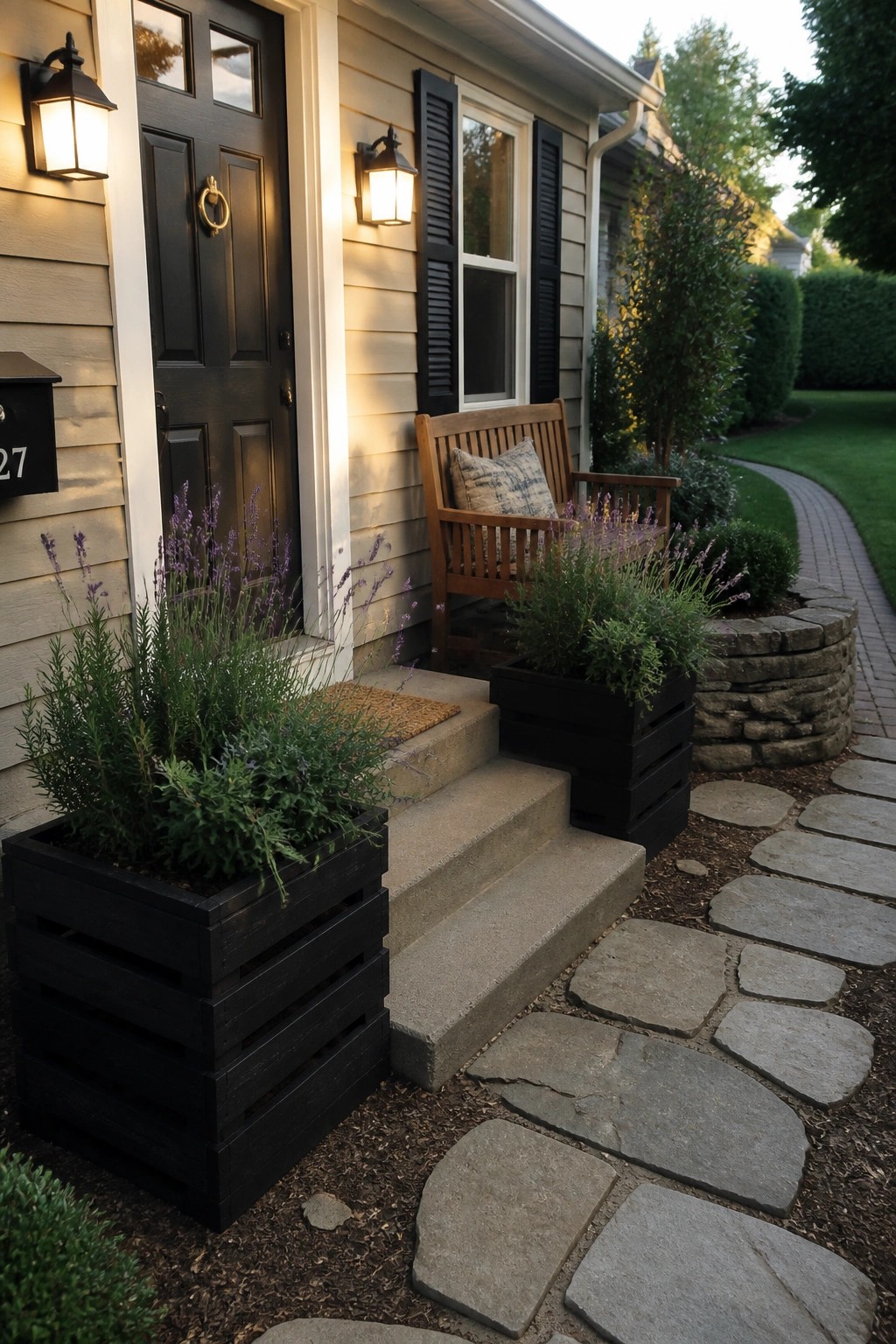 Black wooden pallet planters sit beside concrete steps at a house entrance, filled with green plants next to a stone pathway.