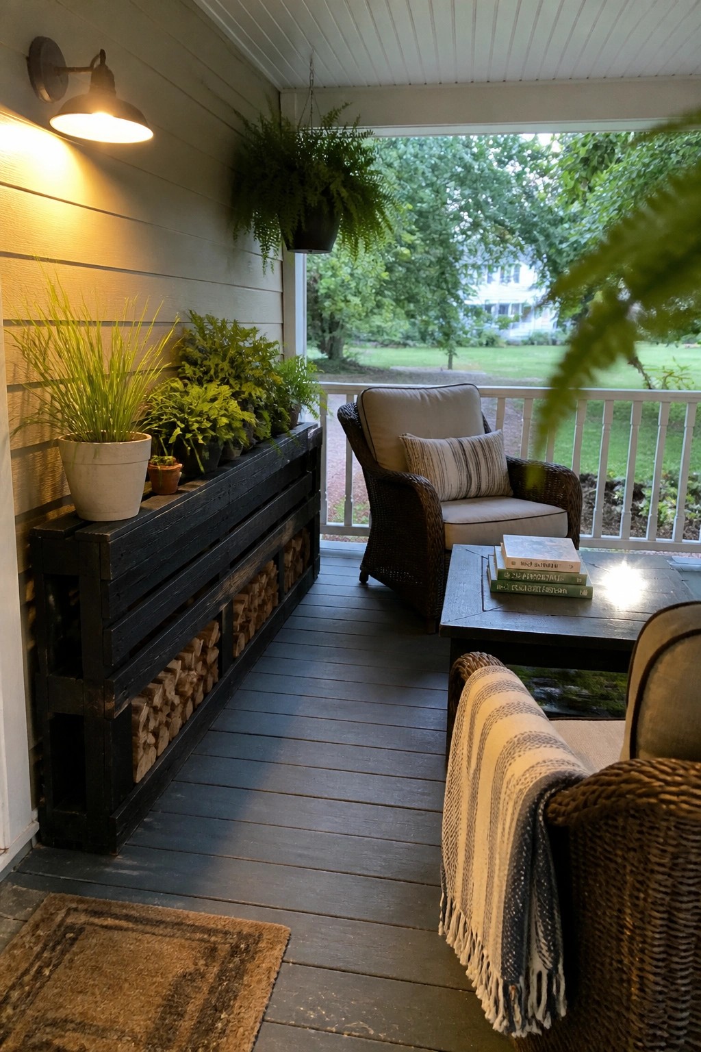 A long black wooden pallet planter filled with potted plants lines the wall of a dark wooden porch beside wicker chairs and a coffee table.
