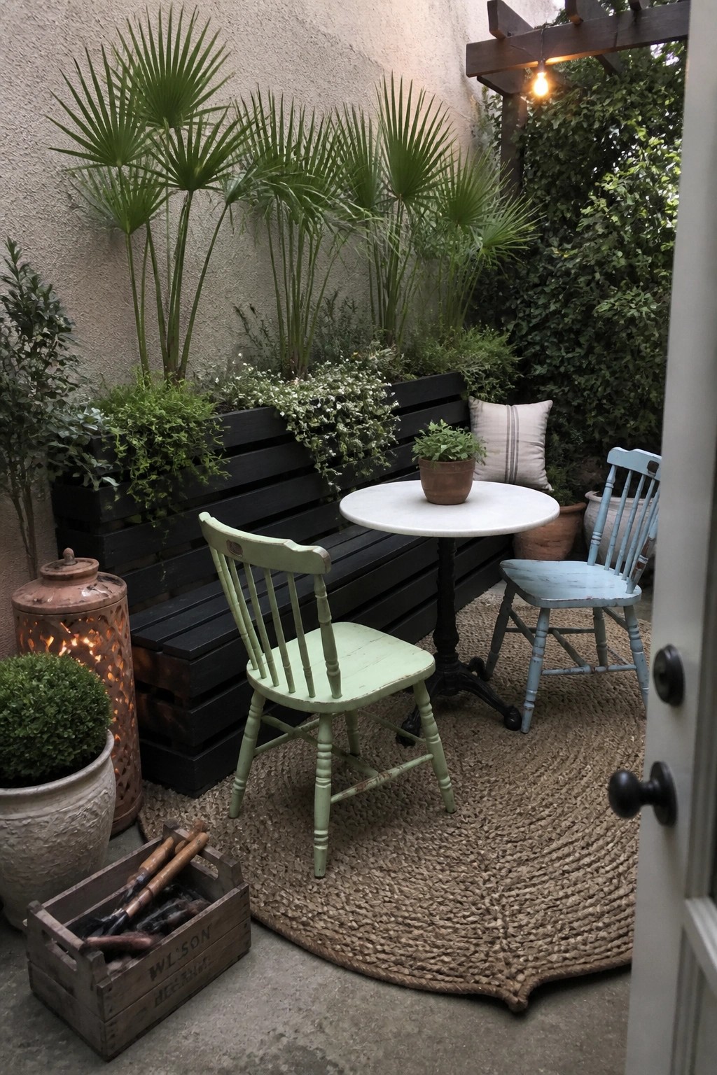 An outdoor patio with a round table and two wooden chairs on a woven rug, backed by a large black pallet planter filled with green plants against a wall.