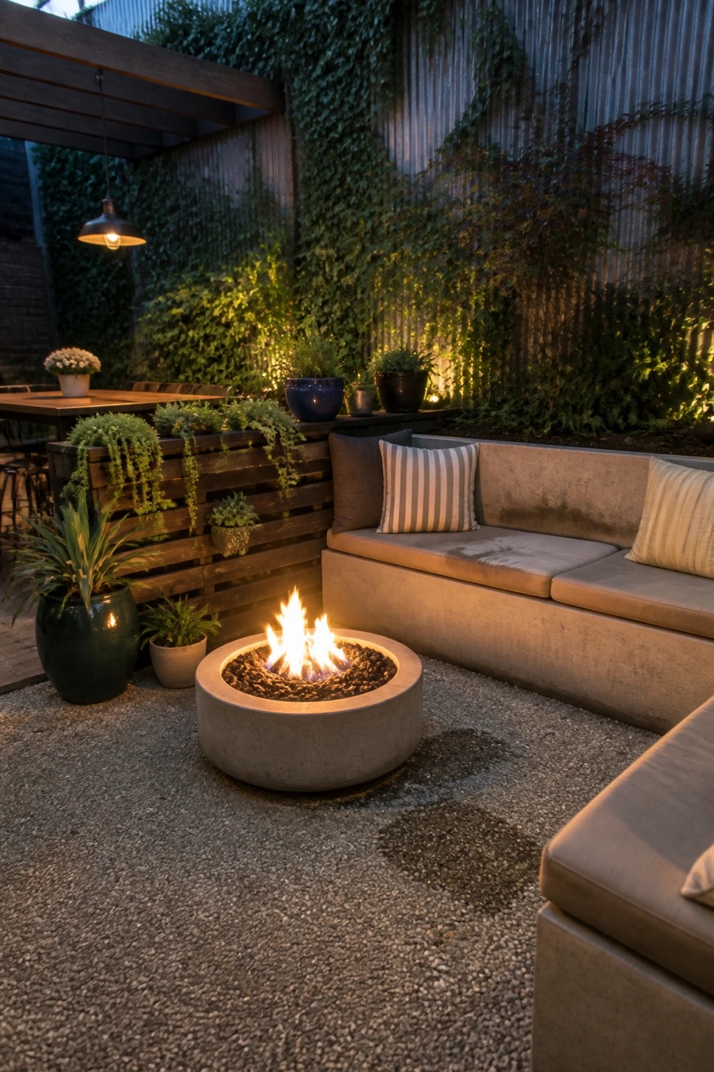 An outdoor seating area with a concrete fire pit, upholstered sofa, and dark wooden pallet planters holding cascading plants beside a vine-covered wall.