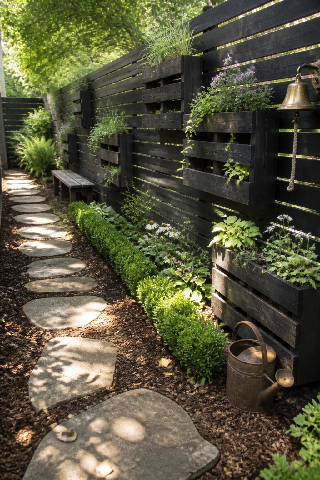 A narrow garden path of irregular stone stepping stones runs beside a black wooden fence fitted with multiple dark-stained pallet planters holding green foliage and flowers, with a metal watering can on the ground nearby.