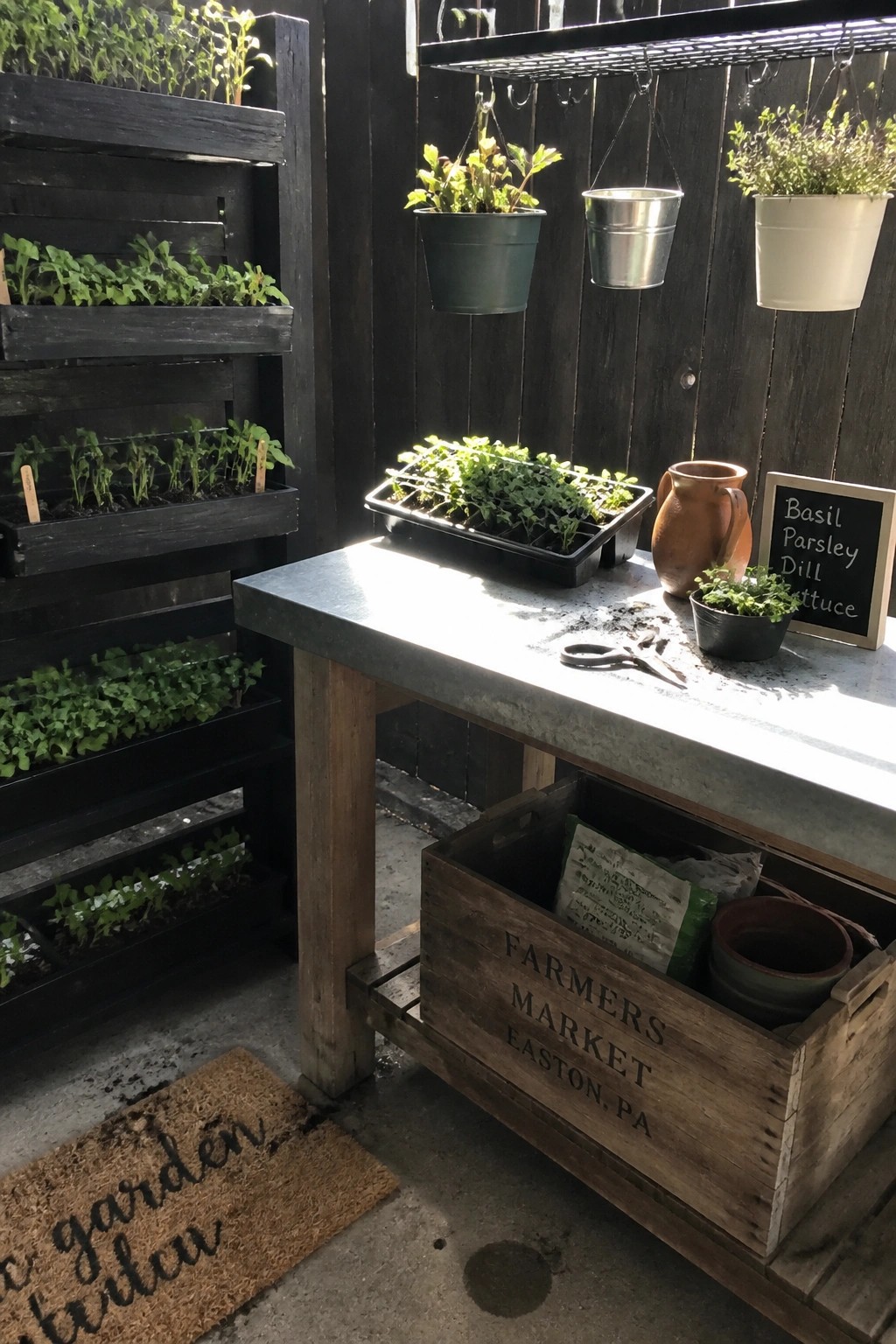 Black stained pallet planters mounted on a dark fence hold rows of green seedlings beside a metal work table with hanging pots and a wooden crate below.