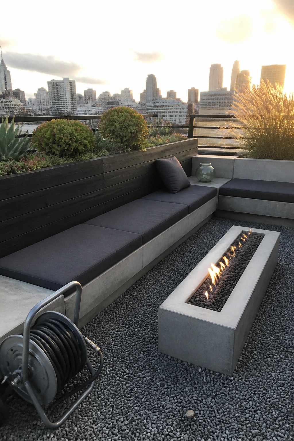 A rooftop terrace features a long dark-stained wooden planter integrated with concrete seating, a rectangular fire pit on gravel, and a city skyline at sunset.