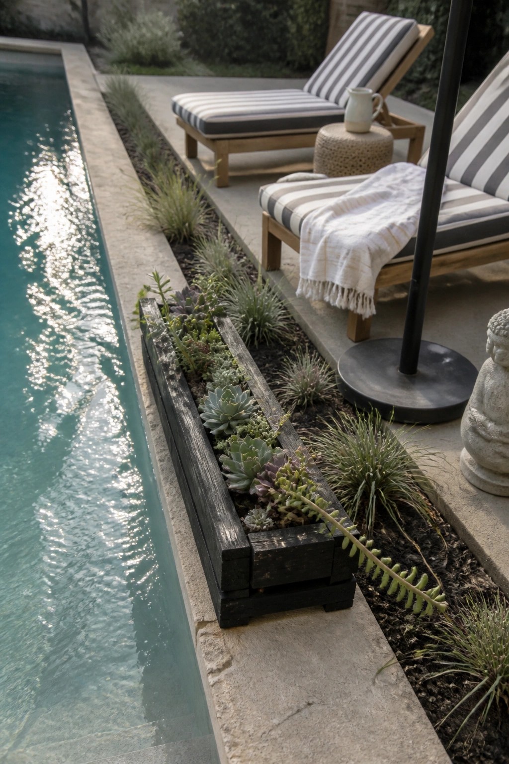 Poolside with succulent-filled wooden planter, striped lounge chairs, and Buddha statue.