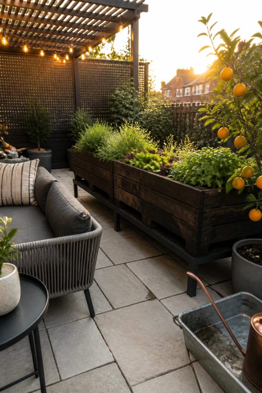 A patio scene showing a gray outdoor sofa beside two long dark wooden raised planters filled with leafy greens and small citrus trees.