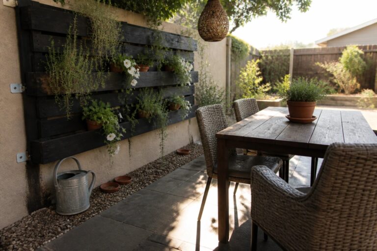 16 Modern Pallet Planter Ideas Finished in Black or Dark Stain A dark stained wooden pallet planter mounted vertically on a white exterior wall next to a wooden patio table with woven chairs.