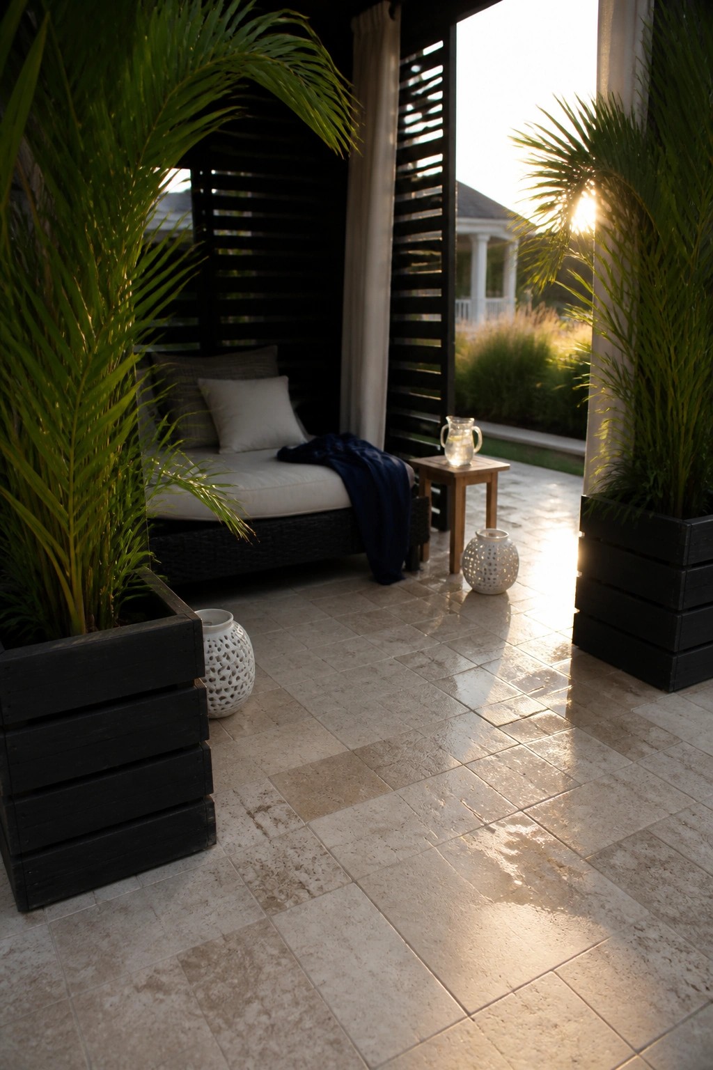 Two large black wooden pallet planters with tall green palms flank a cushioned outdoor daybed on a stone patio.