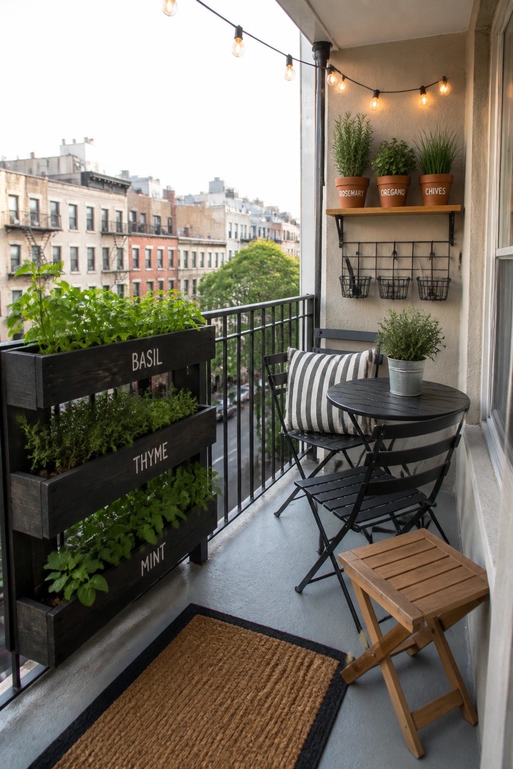 A small balcony features a tall dark-stained pallet planter mounted on the railing holding multiple rows of green herbs, next to a round black table with folding chairs.
