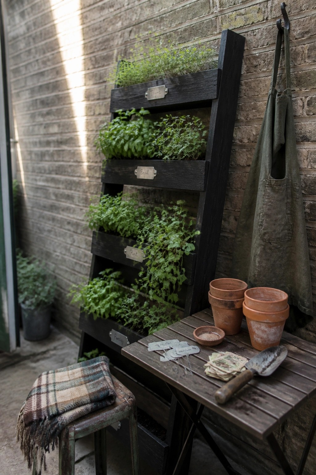 A dark stained wooden pallet planter with three tiers of green herbs stands against a brick wall beside a wooden table holding clay pots and gardening tools.