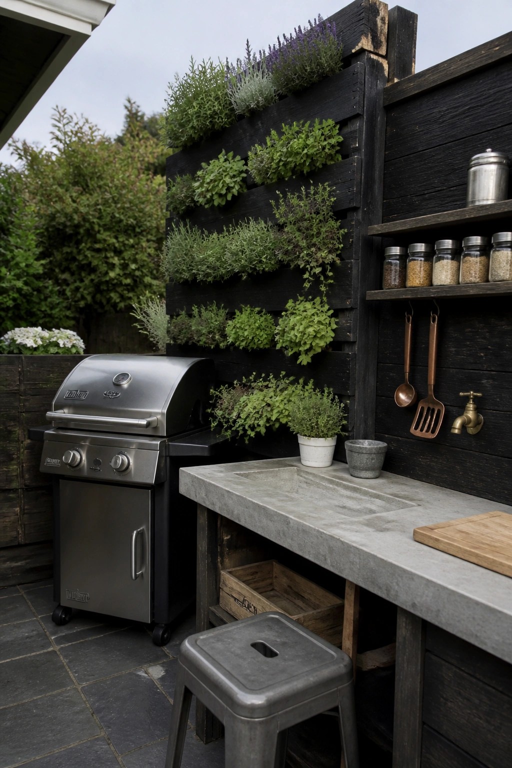 An outdoor kitchen features a stainless steel grill, concrete counter with sink, and a vertical wall of dark wooden pallets filled with rows of green herbs and plants.