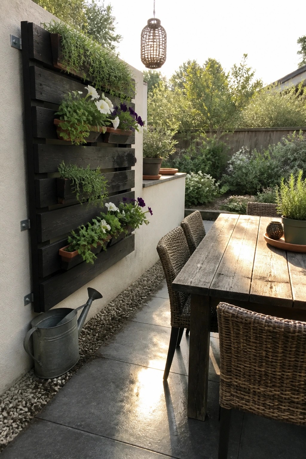 A dark stained wooden pallet planter mounted vertically on a white exterior wall next to a wooden patio table with woven chairs.