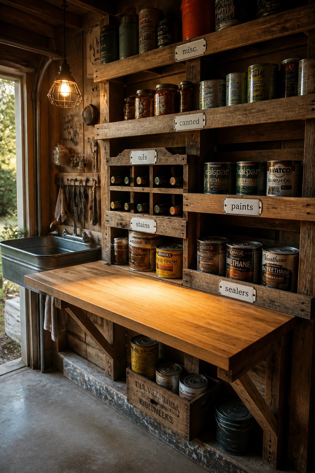 Rustic wooden shelves stocked with labeled paint cans, stains, oils, and sealers above a workbench.