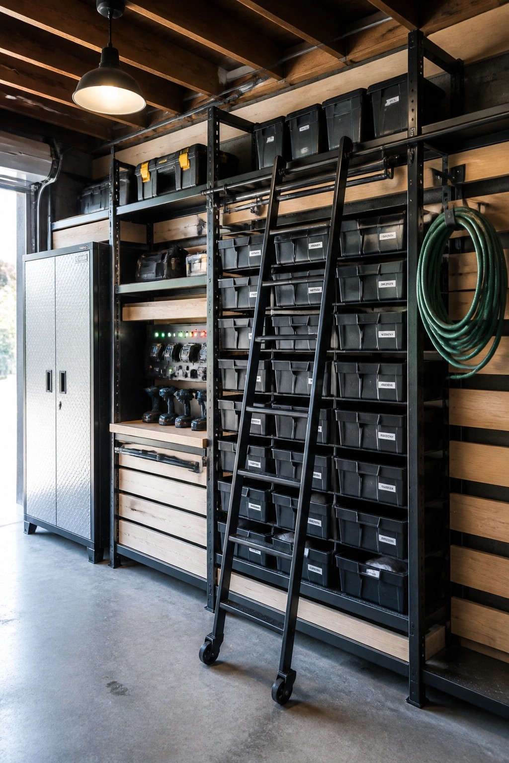 Organized workshop shelves with labeled black bins, rolling ladder, and tools