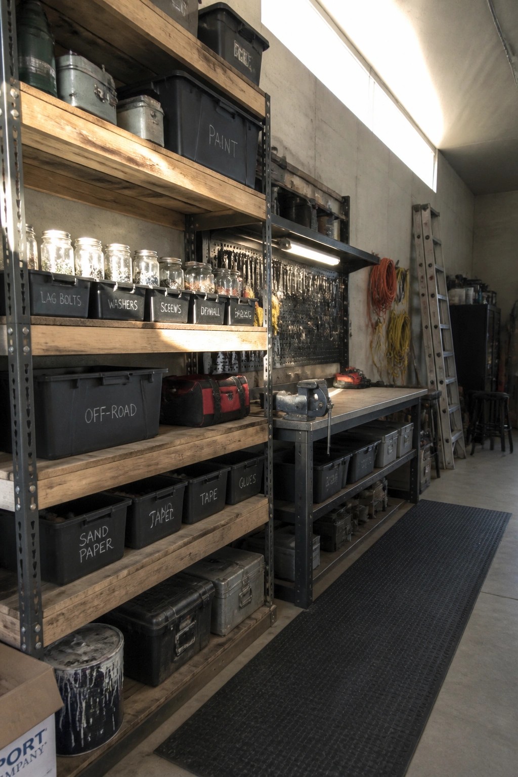 A garage interior with wooden shelves on metal racks holding black labeled storage bins, glass jars, and tools above a workbench.