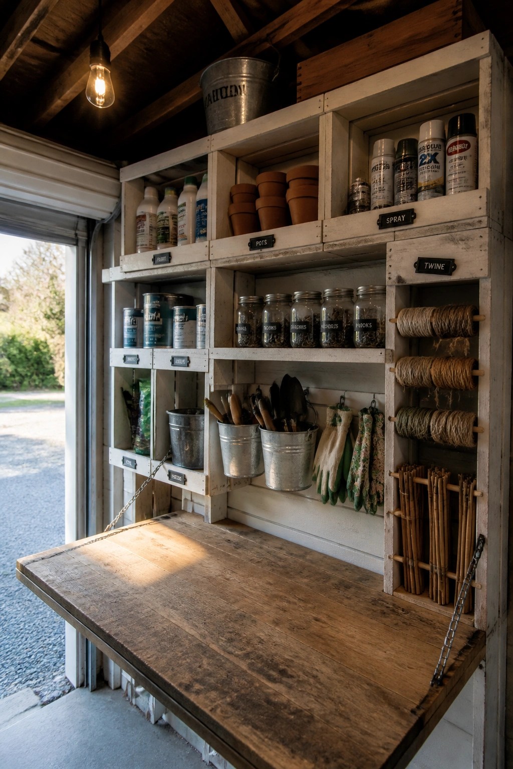 Whitewashed wooden crates are mounted on a garage wall above a fold-down workbench, holding labeled sections of pots, spray cans, twine, and gardening tools.