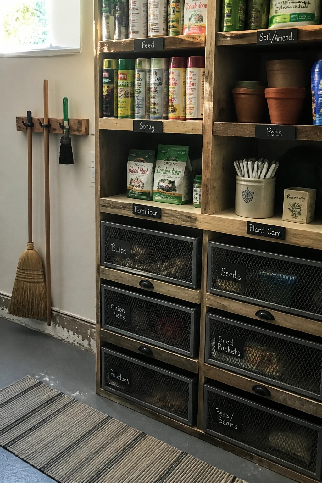 Wooden wall shelves with chalkboard labels hold gardening supplies including spray cans, fertilizer, pots, and mesh drawers marked for seeds and bulbs.