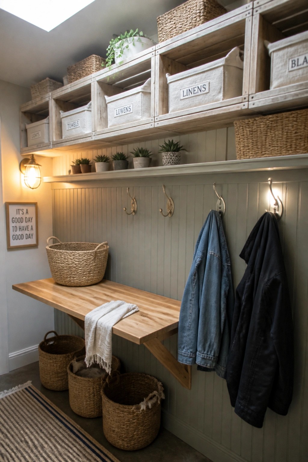 Rustic entryway with wooden shelves, labeled baskets, coat hooks, bench, and woven baskets