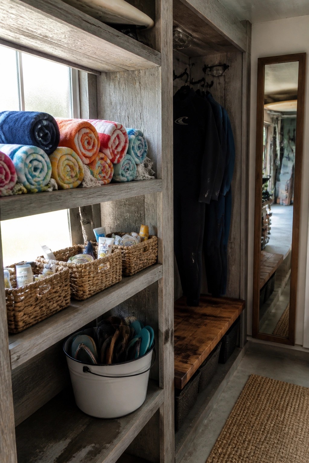 Wooden built-in shelves hold rolled towels, woven baskets with toiletries, hanging wetsuits, a wooden bench, and a bucket of flippers in a rustic interior space.