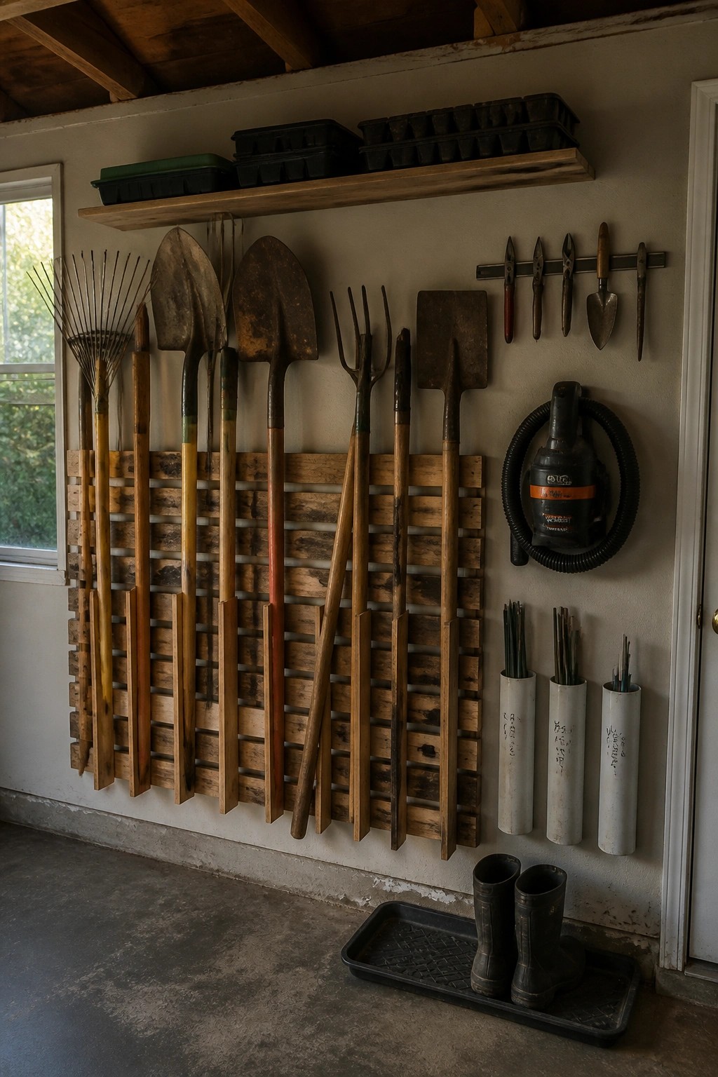 Garden tools like shovels and rakes organized on wooden wall rack in shed