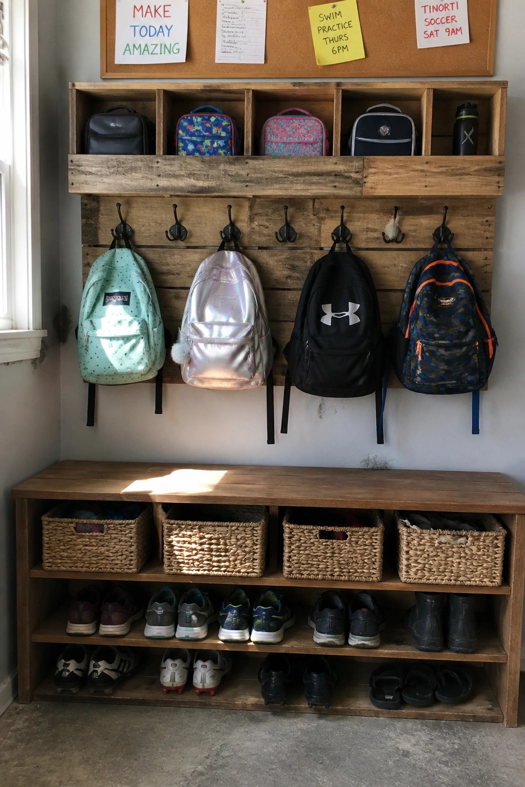 Wooden pallet-style wall unit with hooks holding backpacks, upper cubbies, and a bench below with baskets and shoes.
