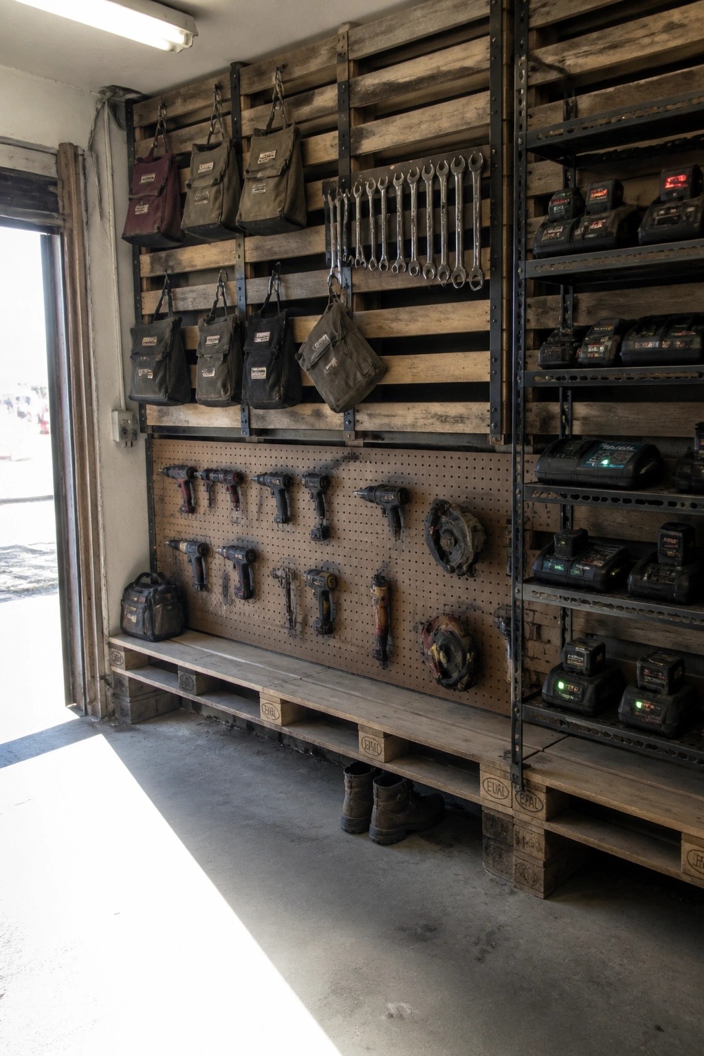 A garage interior with wooden pallets mounted on the wall holding tool bags, wrenches, power tools, and batteries on attached metal shelves.