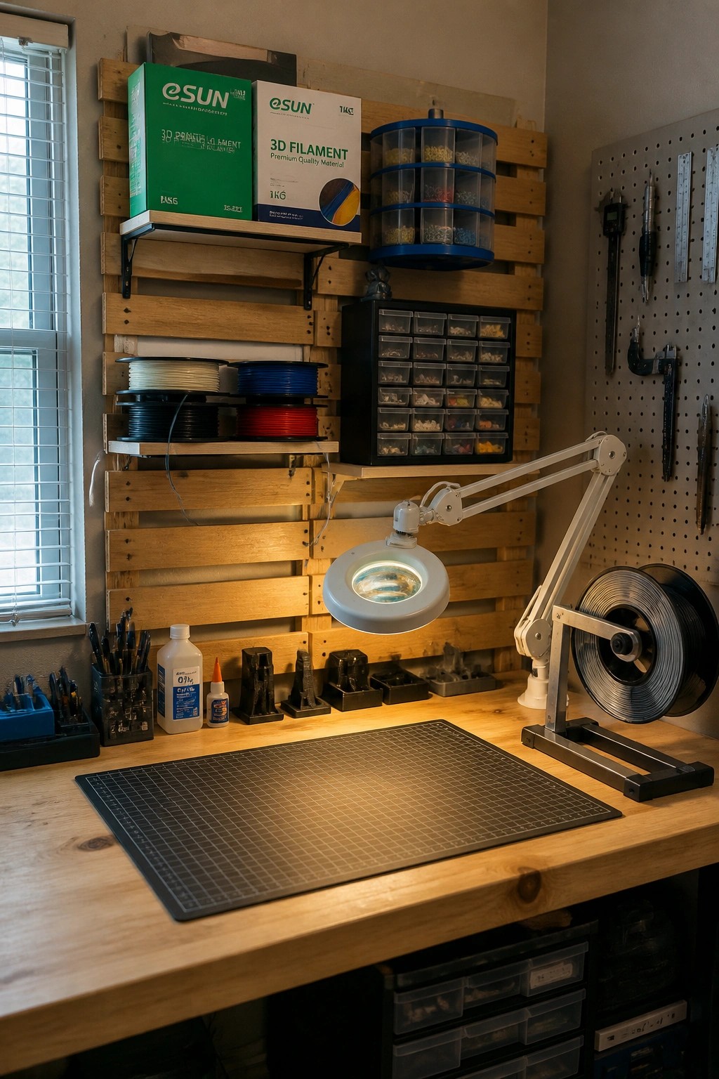 A garage workshop with wooden pallet shelves on the wall holding boxes of 3D filament and spools, a white desk lamp, and a large cutting mat on the workbench.