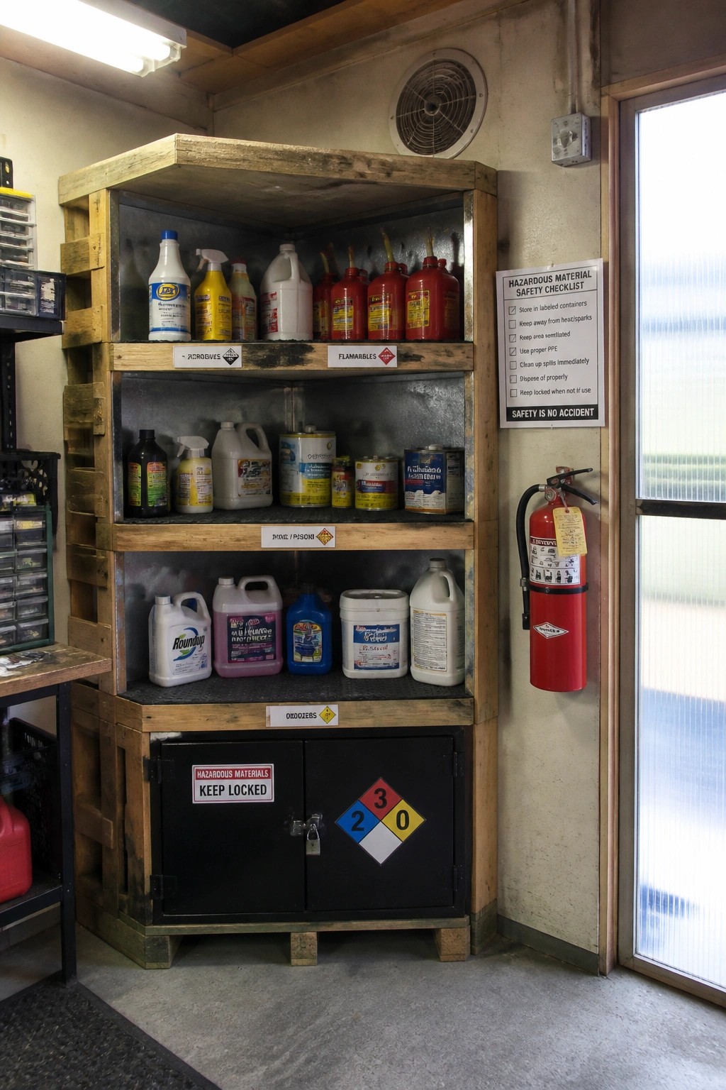 A wooden pallet corner shelving unit in a garage holds multiple chemical containers on three levels with hazard signs and a locked black cabinet at the bottom.