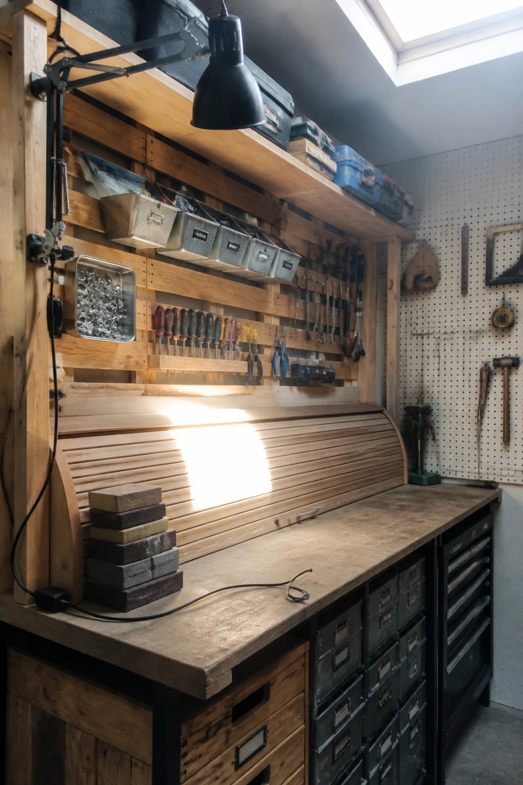 A garage workshop features a wooden workbench beneath horizontal pallet boards used as wall shelves holding metal bins, screwdrivers, pliers, and tool trays.