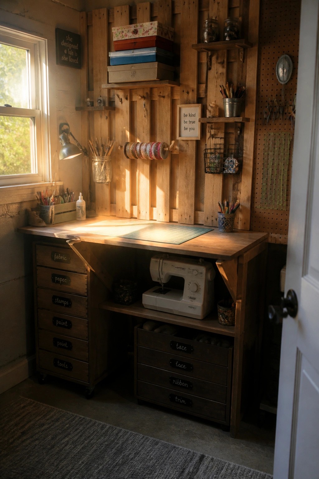 A craft room interior with a wooden desk, sewing machine, and walls covered in vertical pallet wood planks fitted with small shelves holding boxes, ribbons, and jars of supplies.