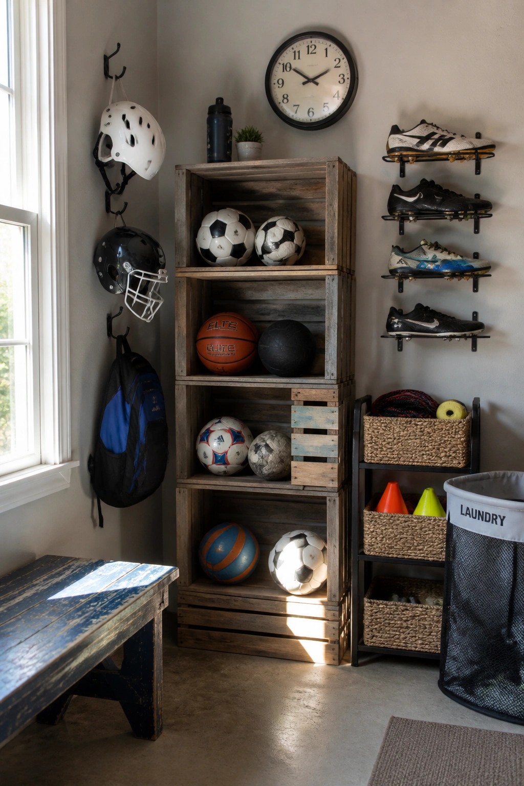 A garage corner with stacked wooden crates holding sports balls, wall-mounted shoe racks with cleats, hanging helmets, a blue bench, and a laundry basket.