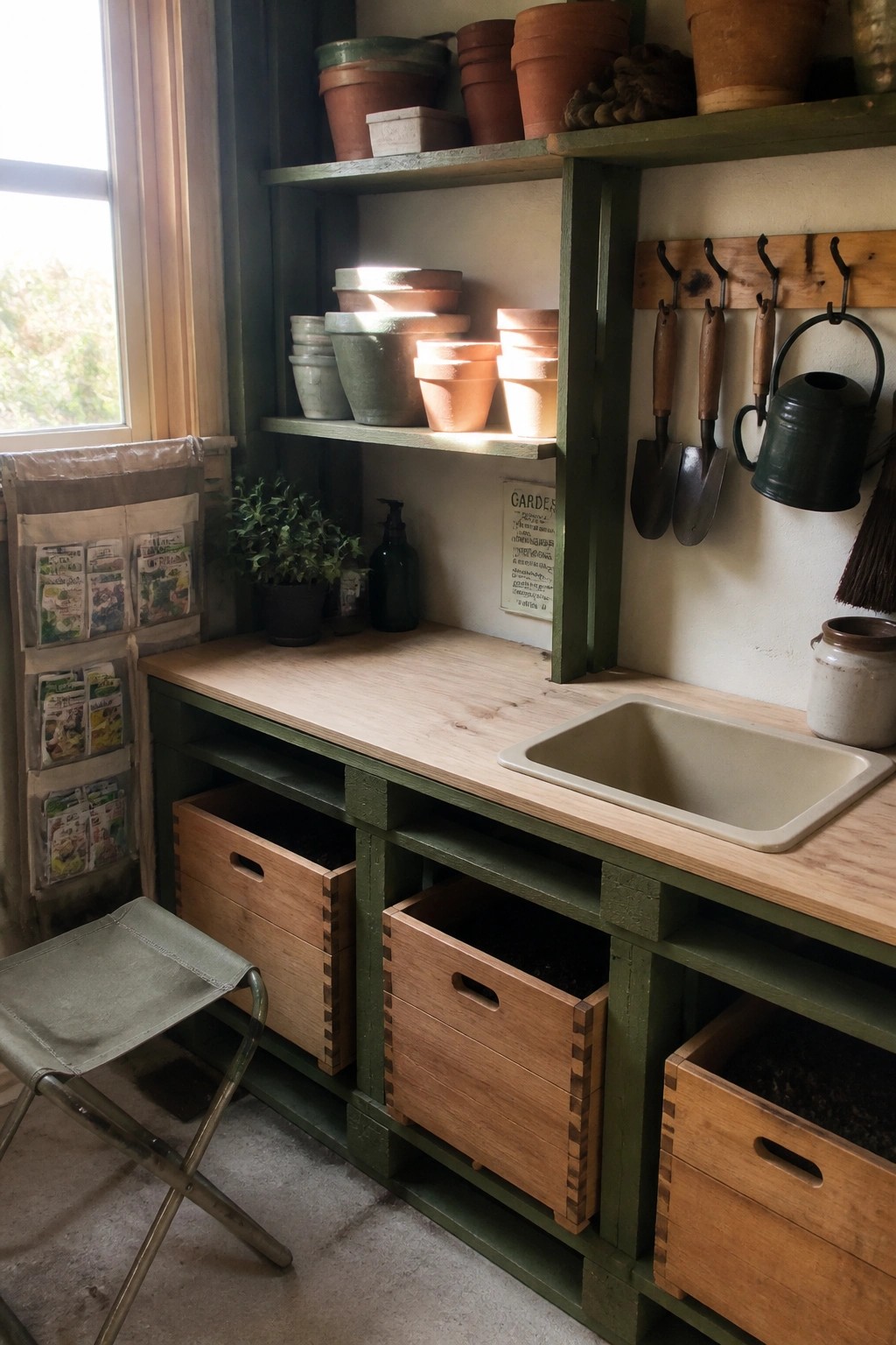 An indoor gardening workbench with a green painted frame, light wood countertop, sink, open shelves holding terracotta pots, and wooden crates used as storage bins underneath.
