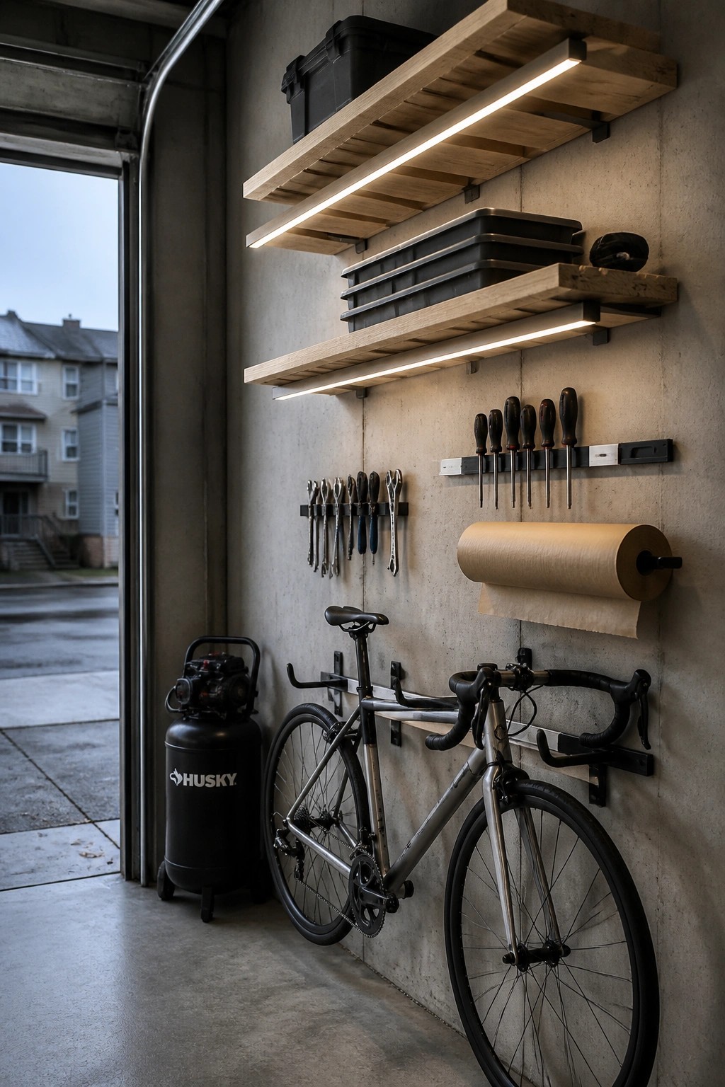 A garage interior showing two wooden wall shelves with under-shelf lighting, holding black storage bins and tools, with a bicycle mounted below.