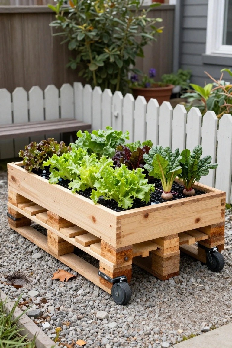 A wooden raised garden bed made from pallets rests on gravel with black caster wheels attached to the base and leafy vegetables growing inside.