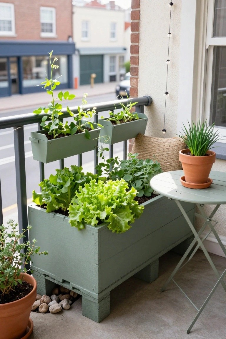 A balcony scene showing green painted wooden raised garden beds filled with leafy vegetables, with smaller beds mounted on the railing and a larger bed elevated on blocks beside a folding table.
