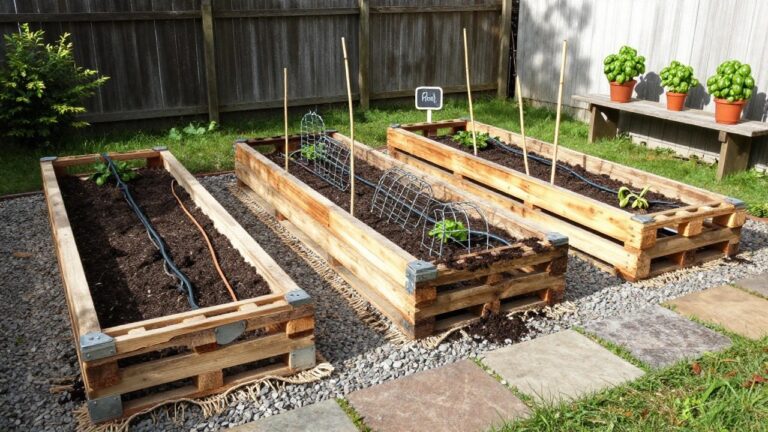 12 Practical Raised Pallet Garden Bed Ideas for Easier Harvesting Backyard garden featuring multiple raised beds built from wooden pallets, filled with soil and plants, with stone pavers and gravel paths leading through the space.