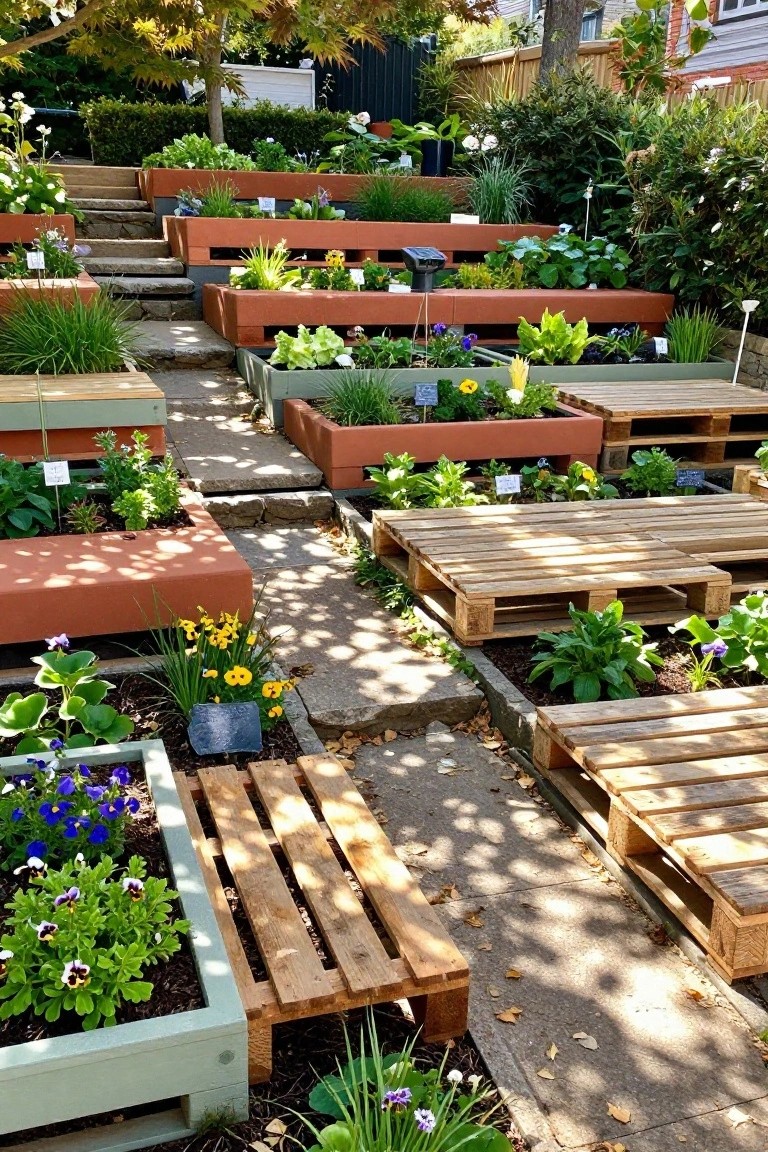 A multi-level garden with raised beds built from wooden pallets and painted lumber, separated by winding stone paths.