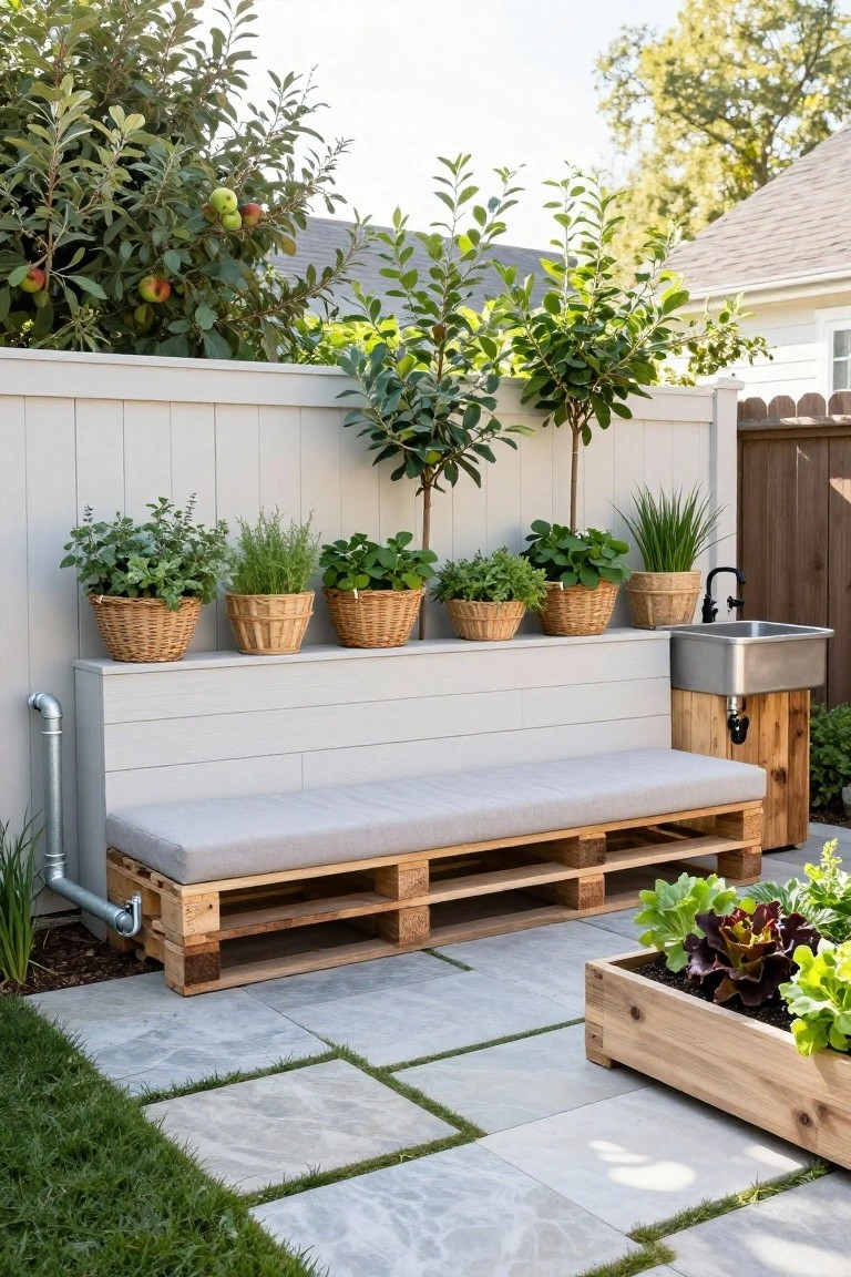 A long wooden pallet structure with a gray cushion serves as a bench topped with basket planters, positioned next to a metal sink and a separate raised wooden garden bed with leafy greens.