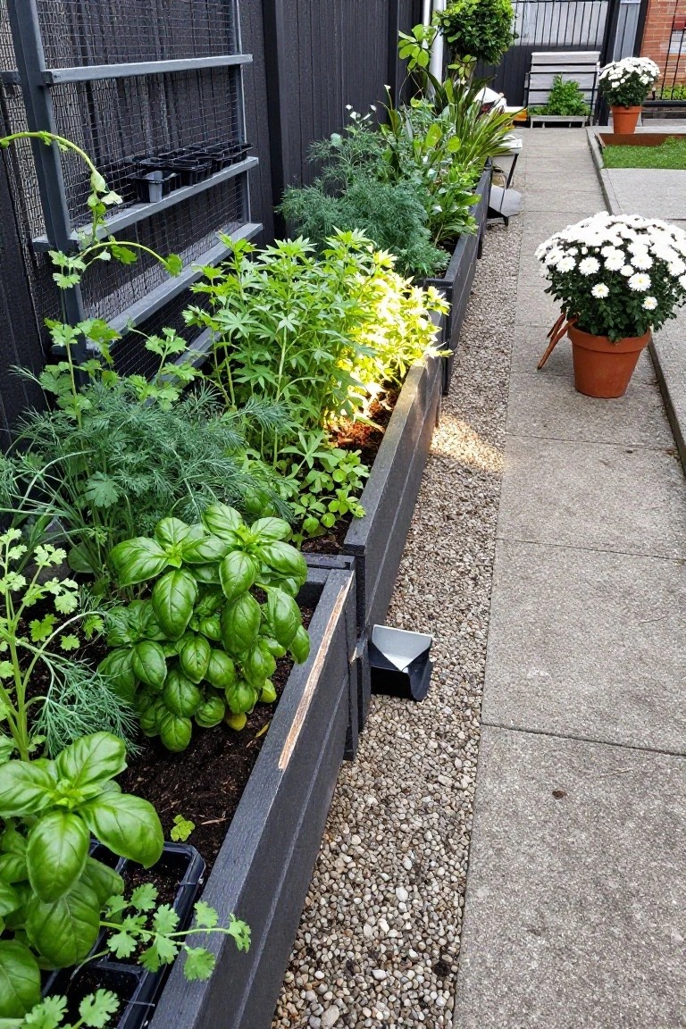 Long dark wooden raised garden beds filled with herbs and leafy plants run beside a concrete path next to a house.