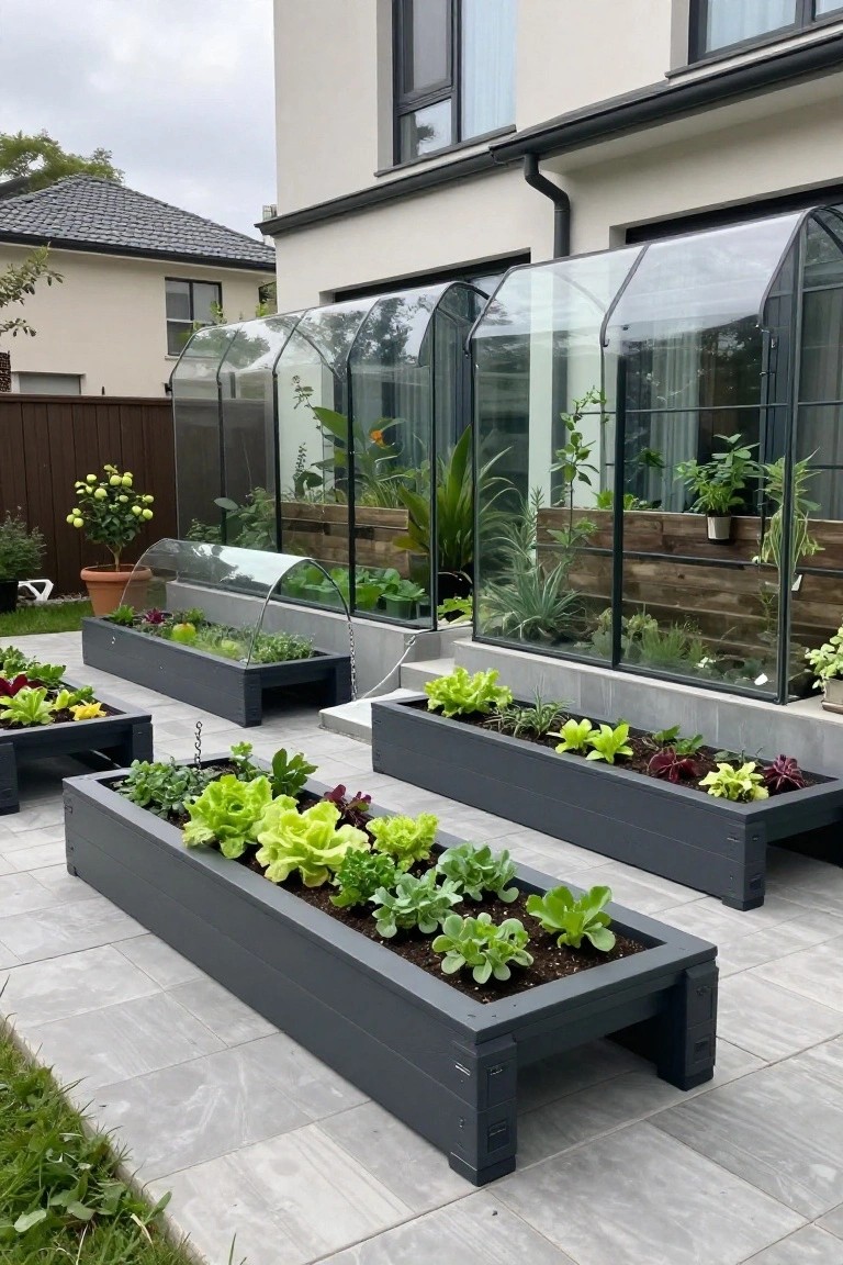 Several dark gray raised garden beds containing leafy vegetables are arranged on a paved patio beside a house, with some beds enclosed by clear greenhouse-style covers.