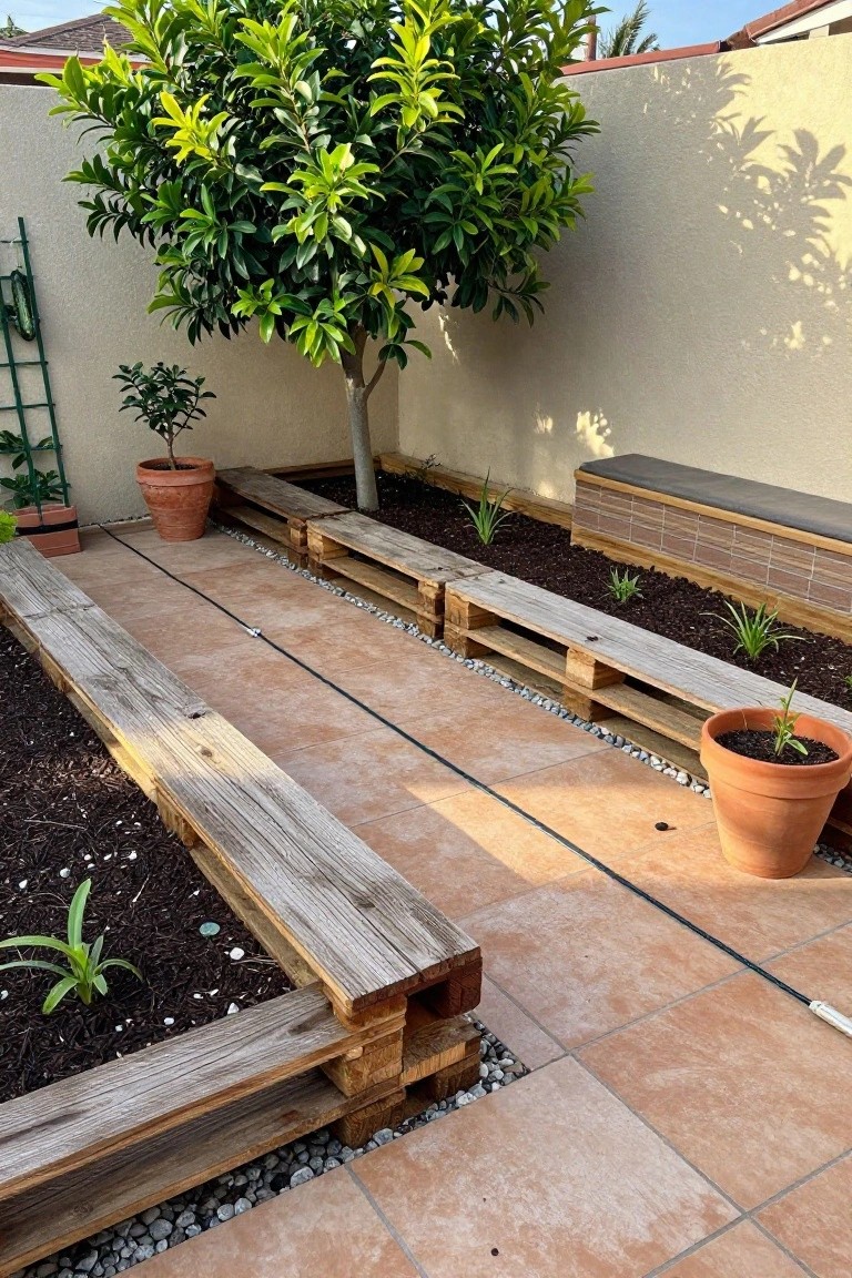Wooden pallet raised garden beds border a tiled patio with plants, mulch, and a small tree in the corner.